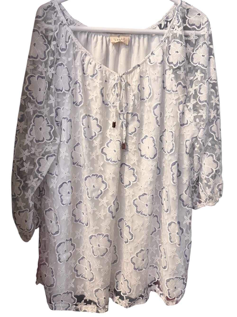 White Embroidered Peasant Tunic with Tie Neck
